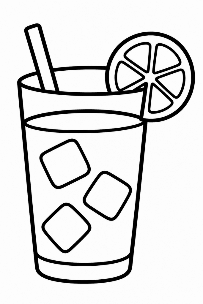 Színező egy pohár limonádéval, jéggel, szívószállal és citromkarikával a szélén