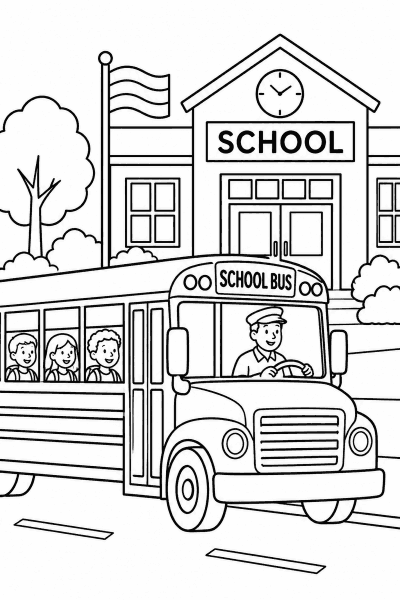 Színező egy iskolabusszal, amely gyerekekkel megáll az iskola előtt