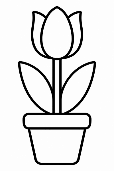 Színező egy tulipánnal, amely egy kis virágcserépben nő