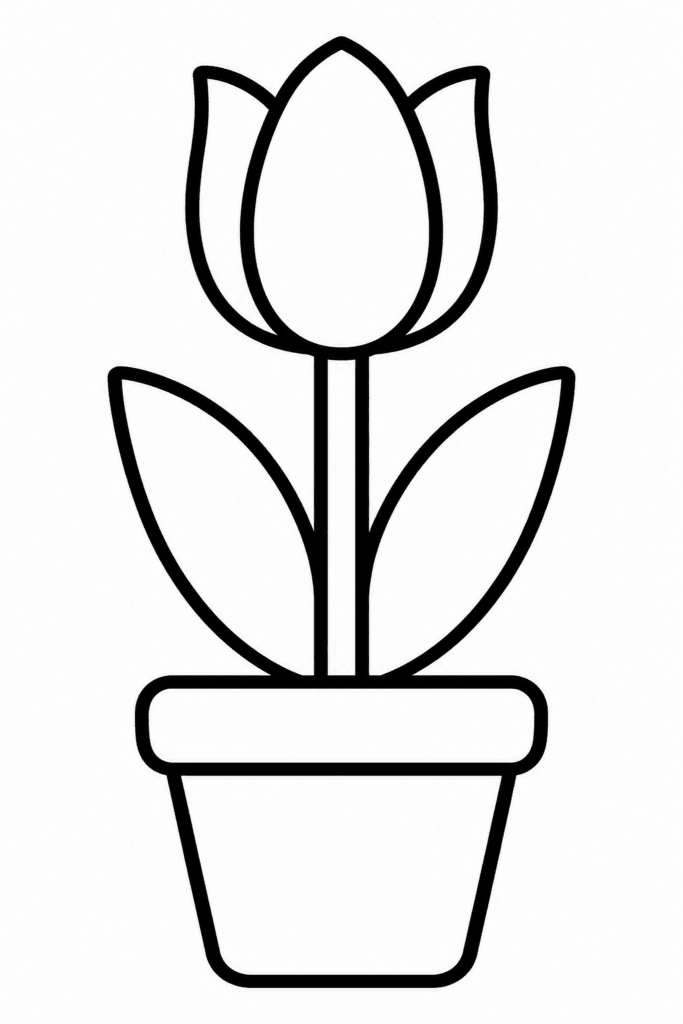 Színező egy tulipánnal, amely egy kis virágcserépben nő