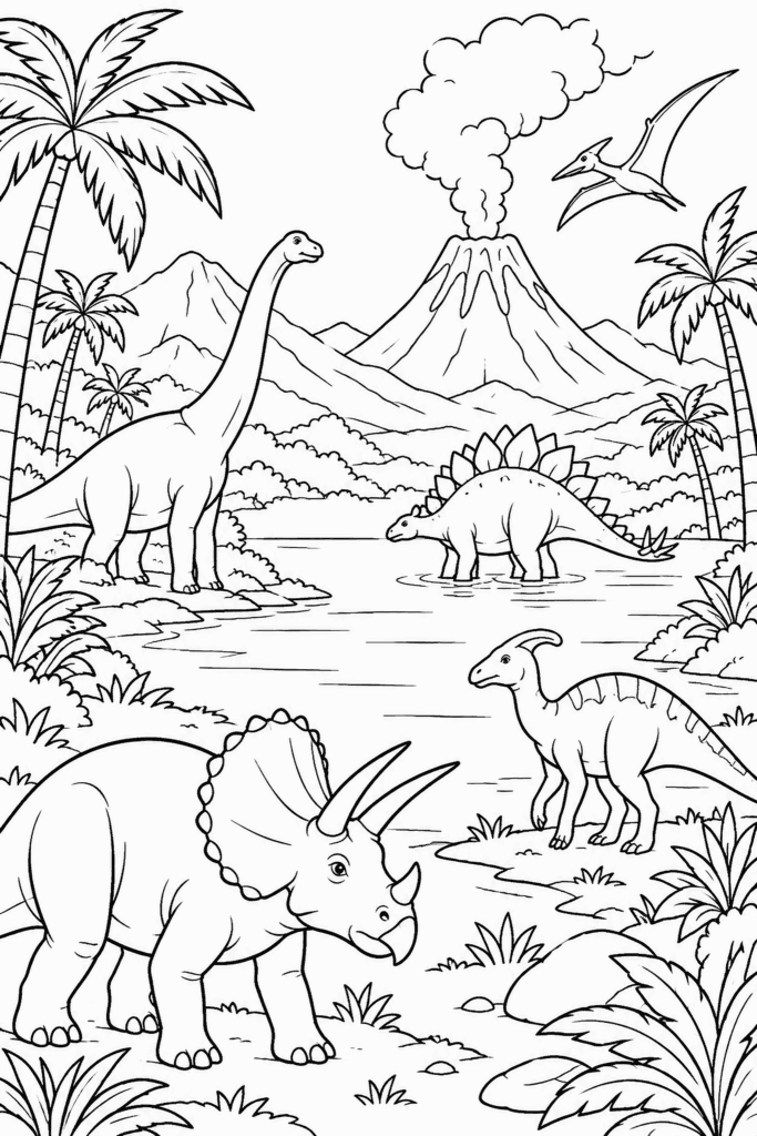 Színező egy őskori völggyel, dinoszauruszokkal, vulkánnal és pálmafákkal