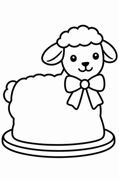 Színező egy masnival díszített, bárány alakú süteménnyel egy tálcán