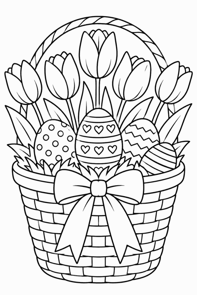 Színező egy húsvéti kosárral, díszes tojásokkal, tulipánokkal és masnival