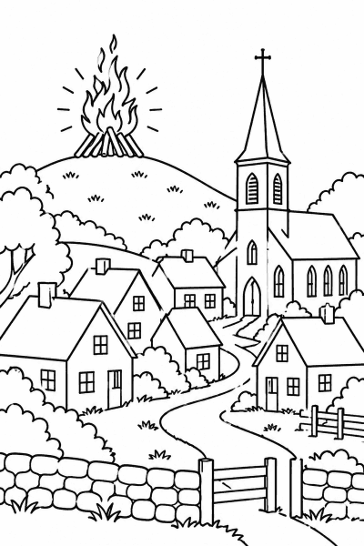 Színező egy faluval, házakkal, templomtoronnyal és tűzzel a dombon