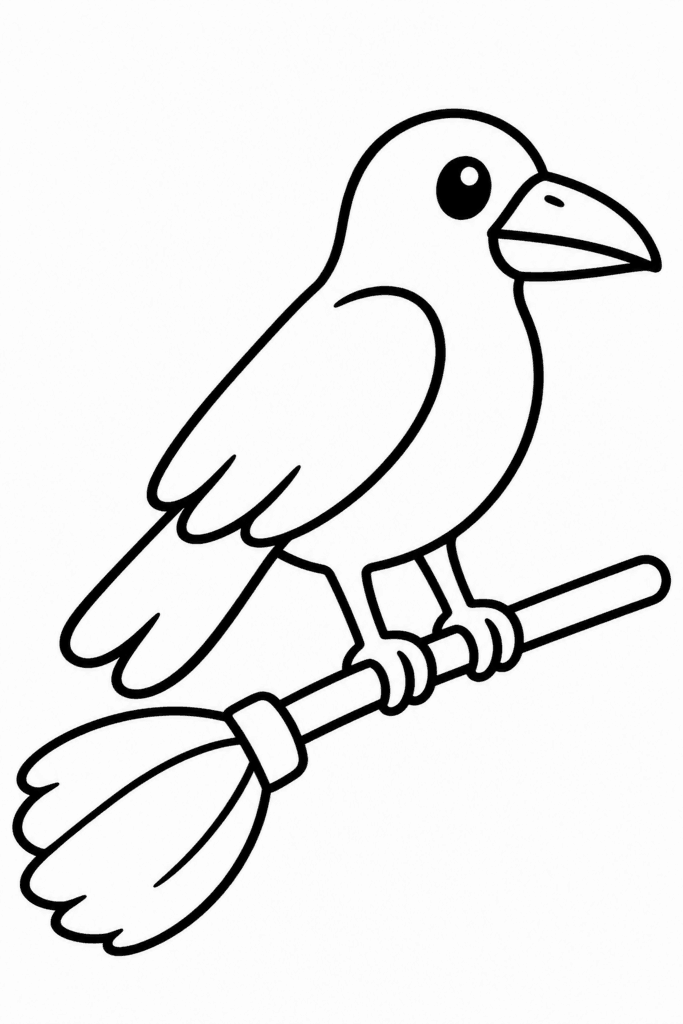 Színező egy varjúval, amely egy seprű nyelén ül