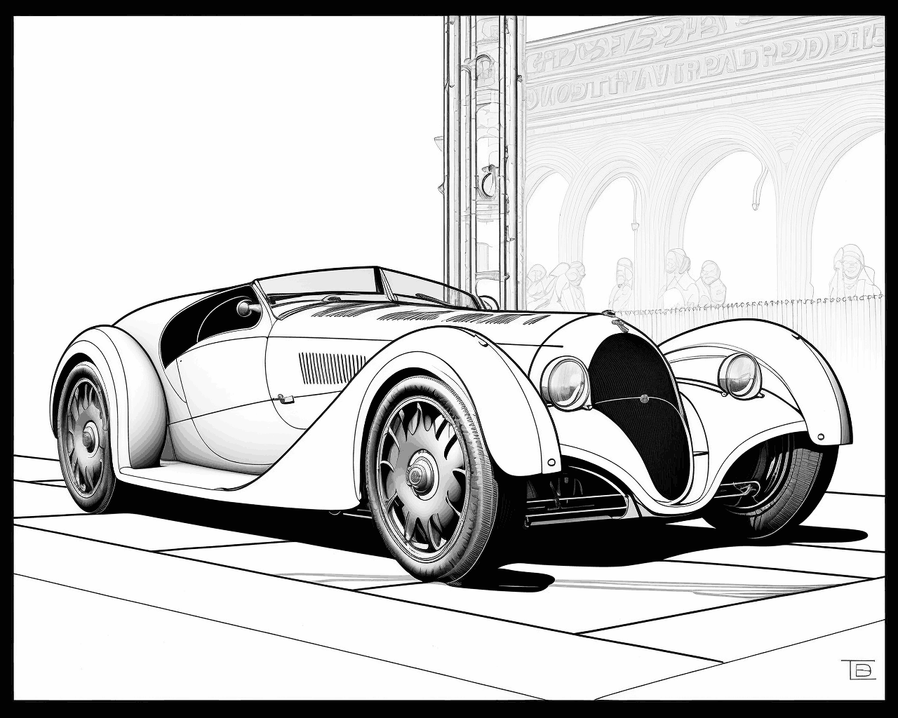 Régi roadster egy árkádos épület előtt
