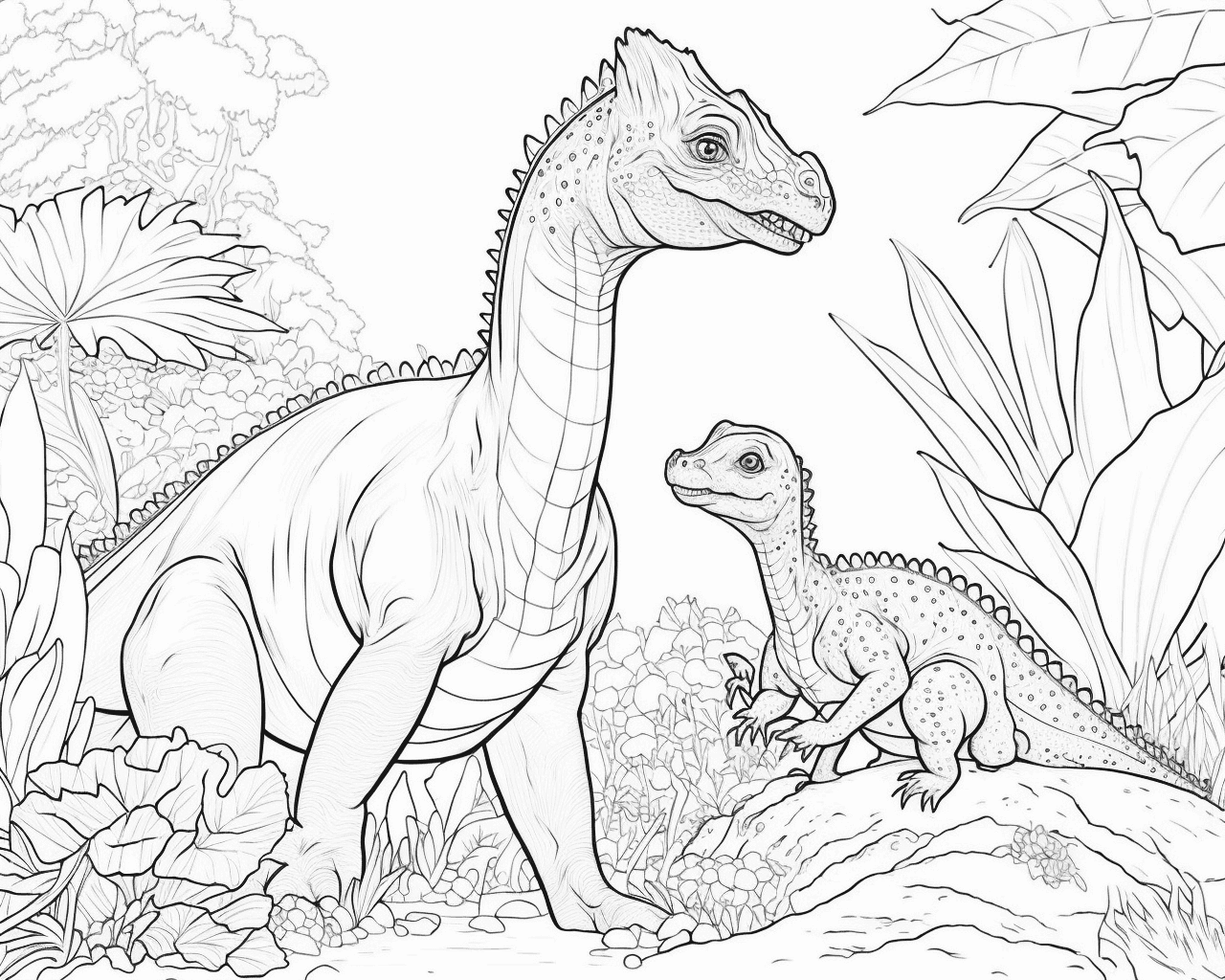 Dinoszaurusz mama a kicsinyével a dzsungelben