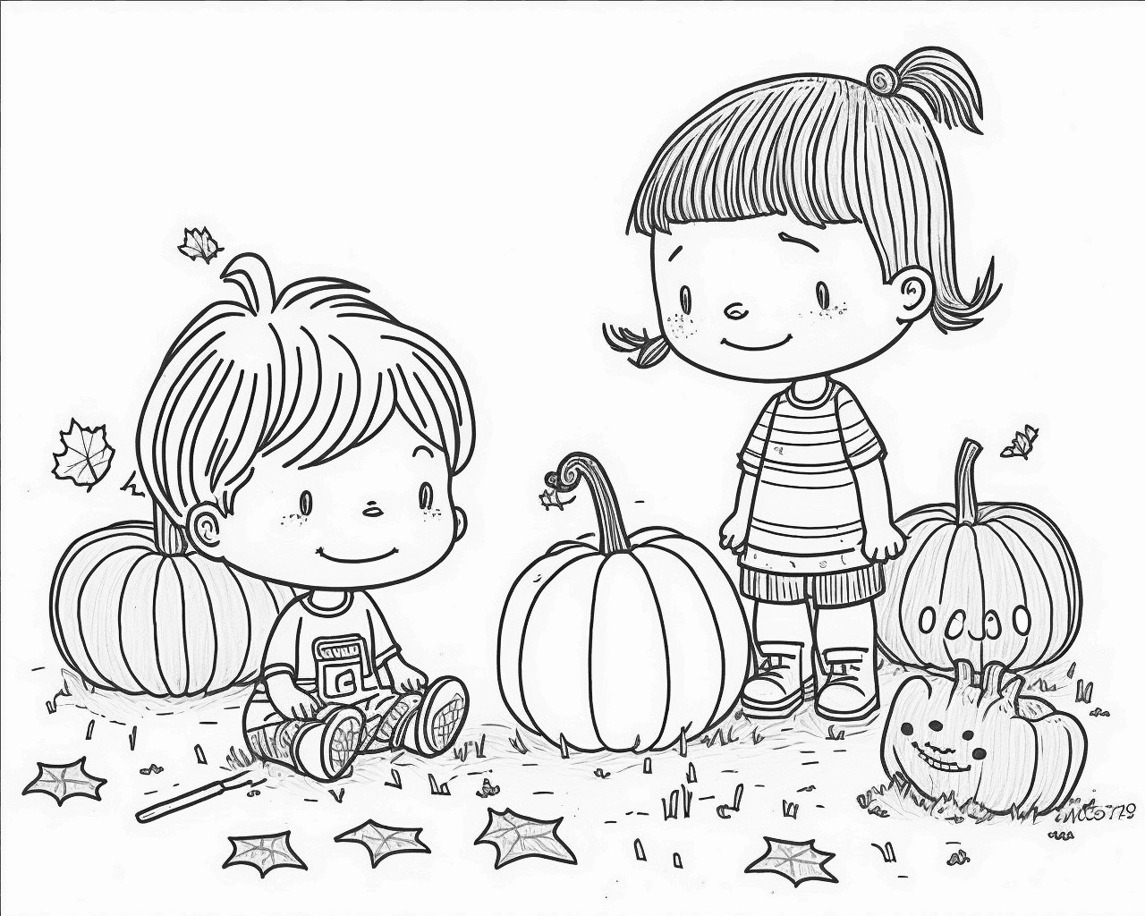 Kisfiú és kislány halloweeni tökök között