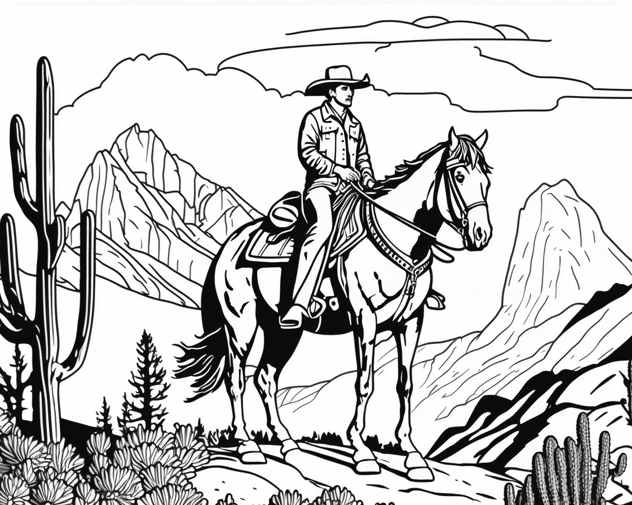 Cowboy lóháton kaktuszok és hegyek között