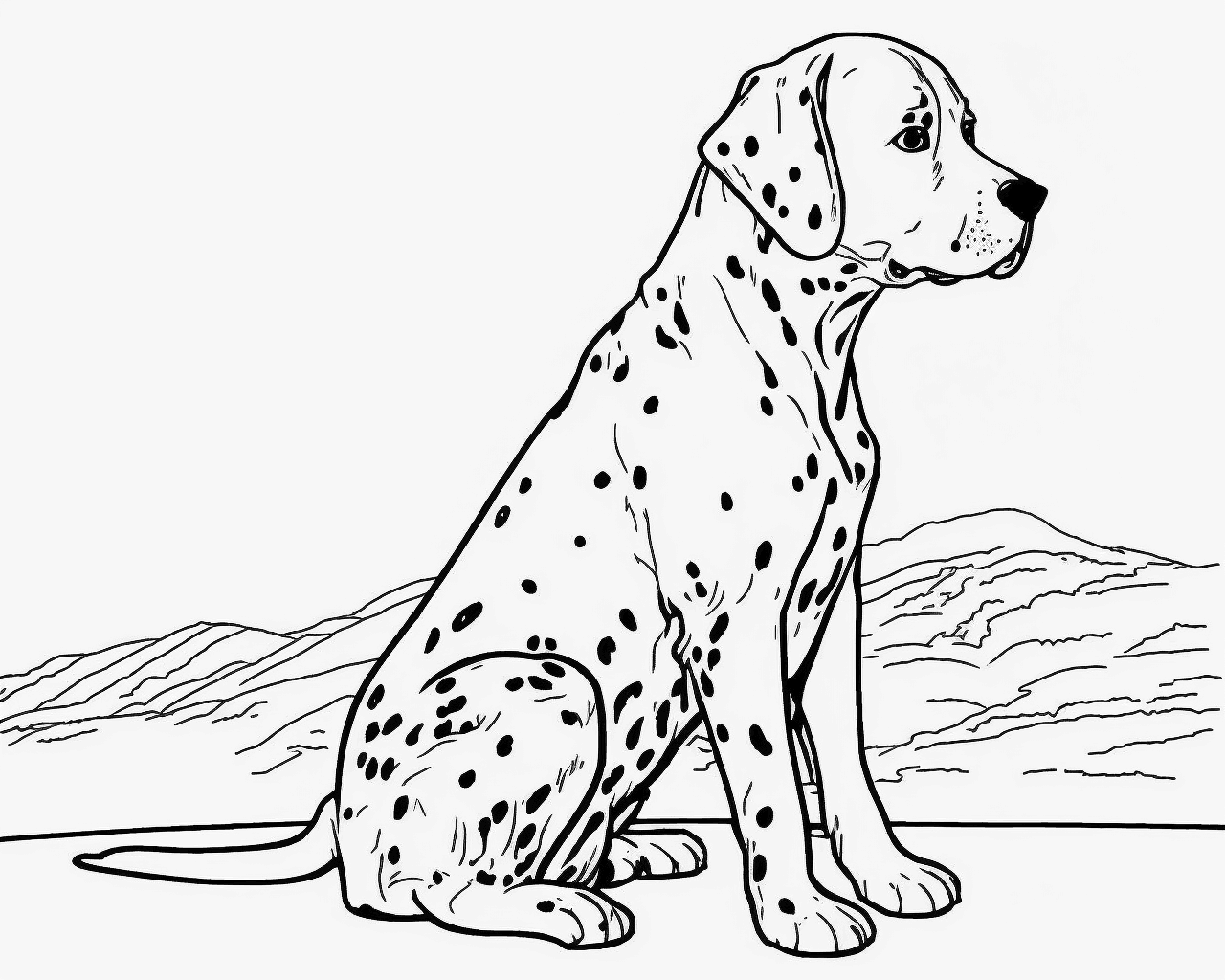 Ülő dalmata a táj előtt