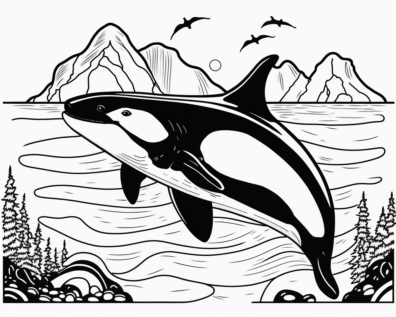Kardszárnyú delfin egy öbölben, hegyek alatt