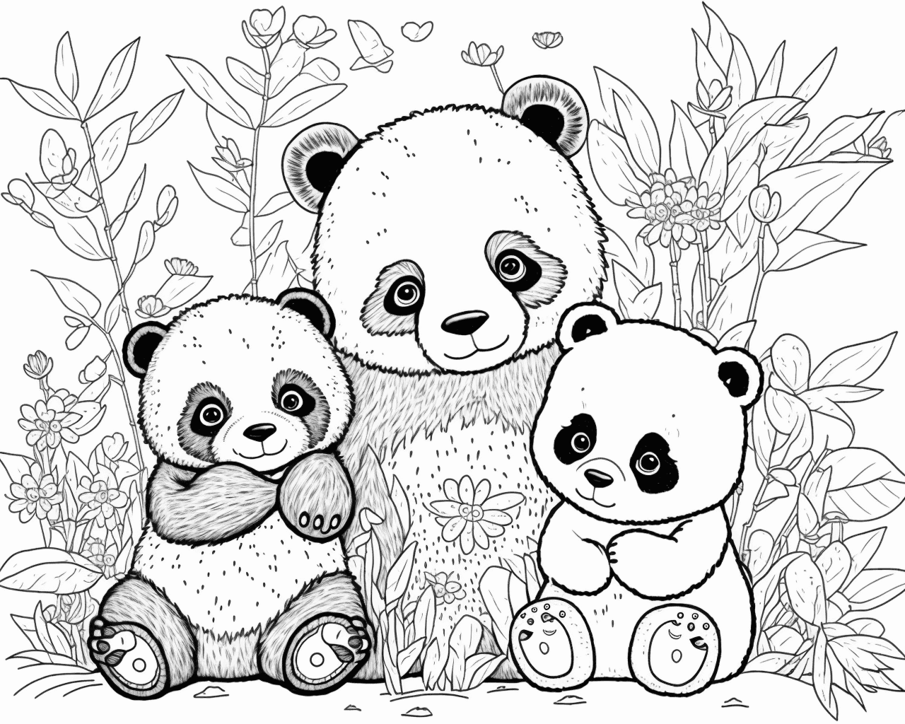 Panda két kölykével virágok között