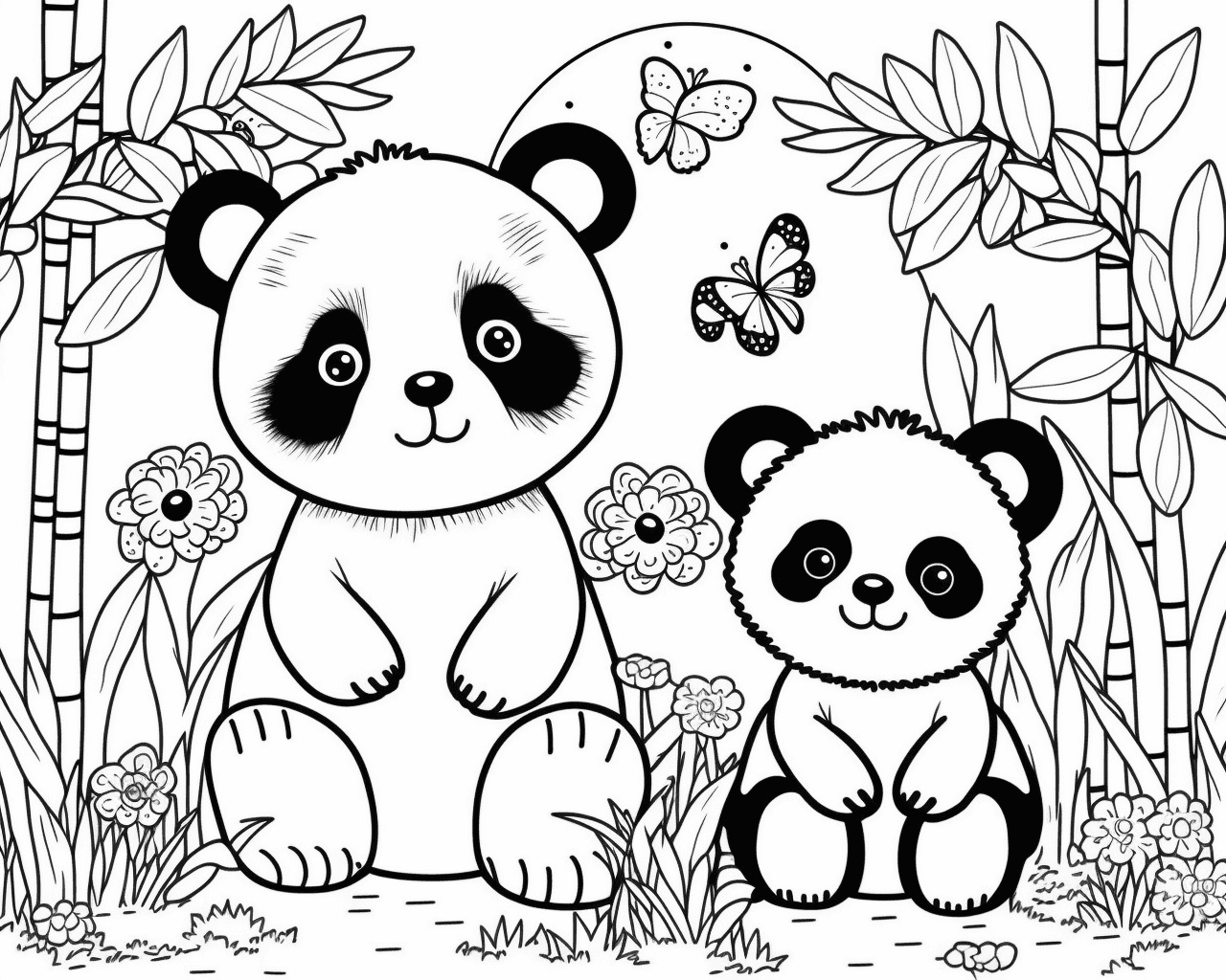 Két panda pillangókkal a bambuszok között