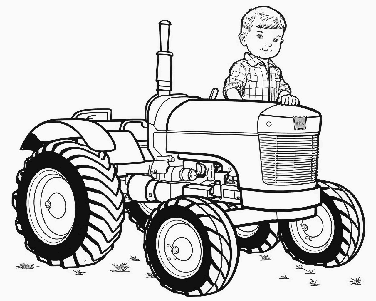 Kisfiú egy régi traktor mögött
