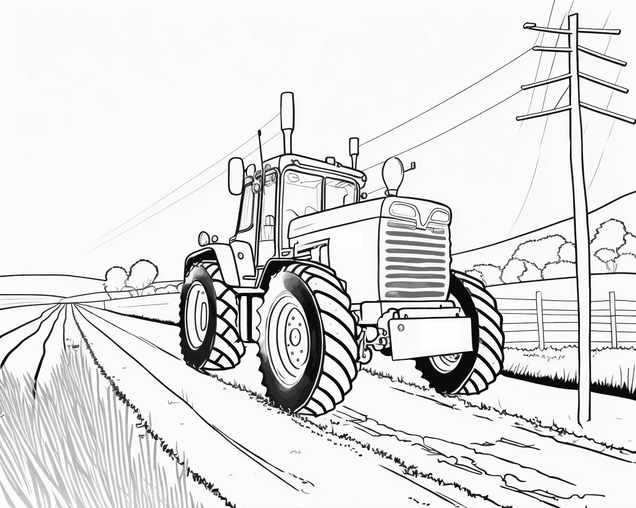 Traktor egy dűlőúton a villanyoszlopnál