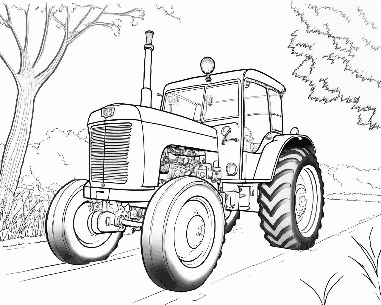 Fülkés traktor az úton egy fa alatt