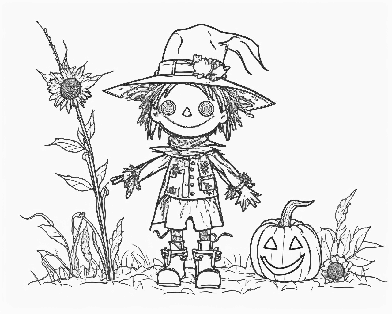 Madárijesztő napraforgóval és halloweeni tökkel
